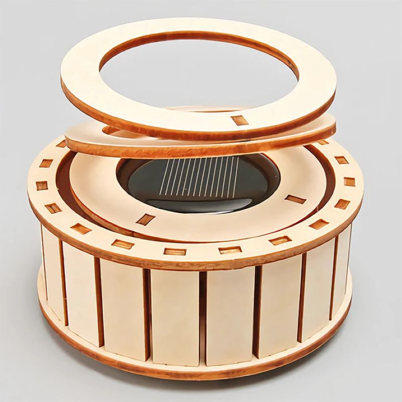 Solar Powered Rotating Double Ring Wooden Puzzle Toy